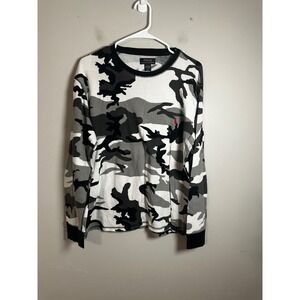 Polo Ralph Lauren Mens Camo Waffle Knit Thermal Long Sleeve Shirt White Black L